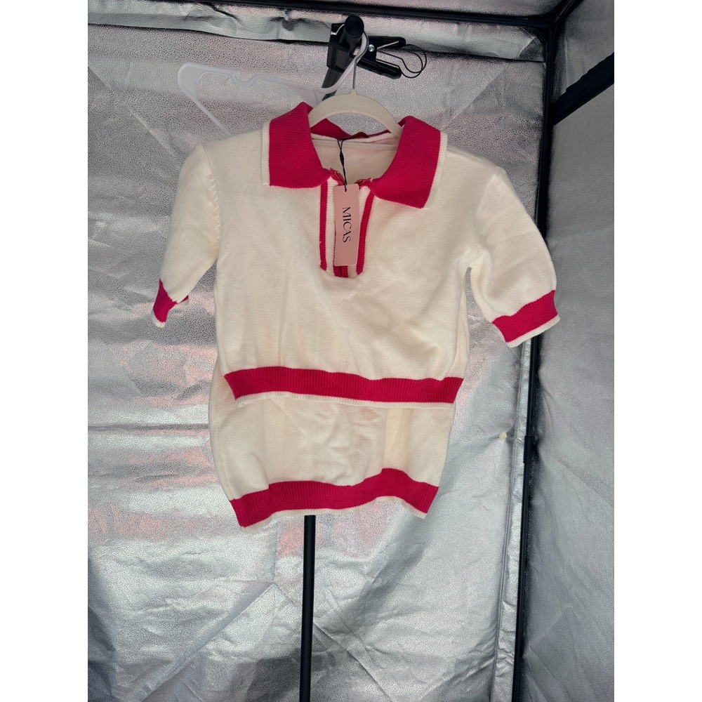 Micas Raspberry & White Knit Shirt and Skirt Set Sz L - NWT